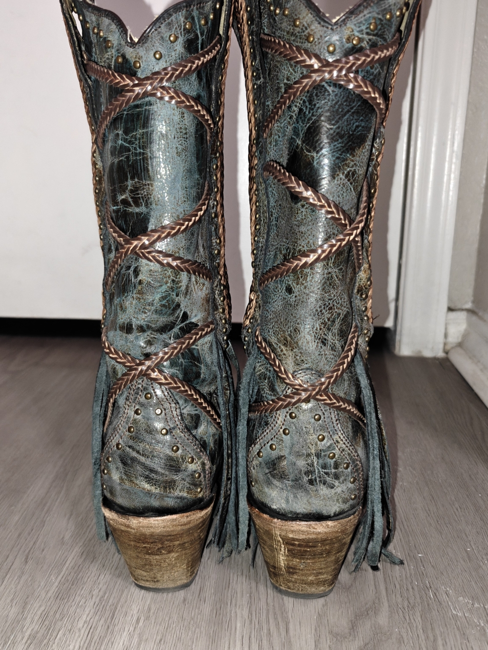 Corral Distressed Turquoise and Brown Braided Fringe Heeled Boots